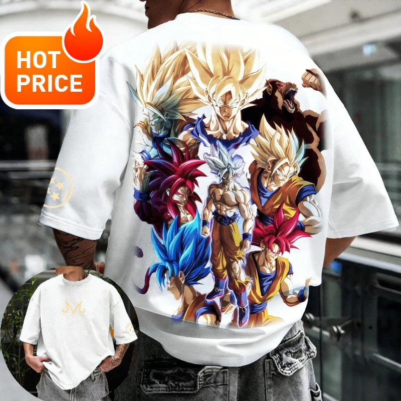 Лятна тениска Dragon Ball 2026, 100% памук, щампа Goku във всички форми, oversized, за фитнес и streetwear, унисекс ретро тениска за възрастни и деца