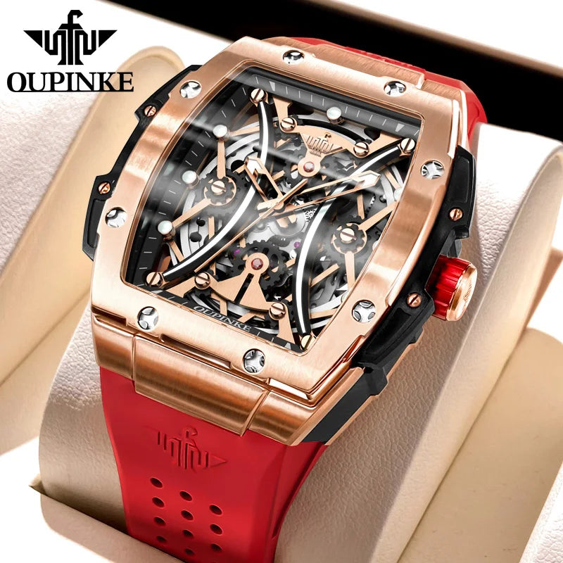 OUPINKE Herrenuhr – klassische Luxus-Armbanduhr mit Tonneau-Zifferblatt, Original-Topmarke, automatische mechanische Uhr, Silikonarmband, Saphirglas, neu