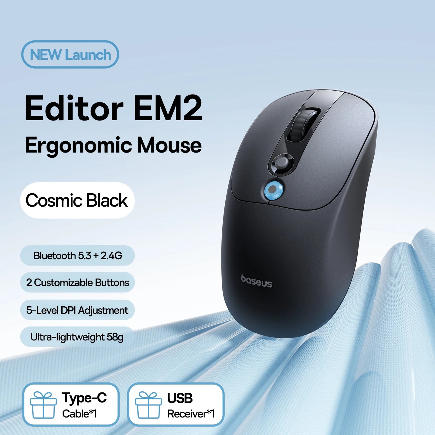 Baseus EM2 Ergonomic Wireless Mouse Bluetooth 5.3 Rechargeable Silent Mouse, Ultra-Light Bluetooth & 2.4G Wireless Mouse with Customizable Buttons, 4000 DPI Type-C Charging