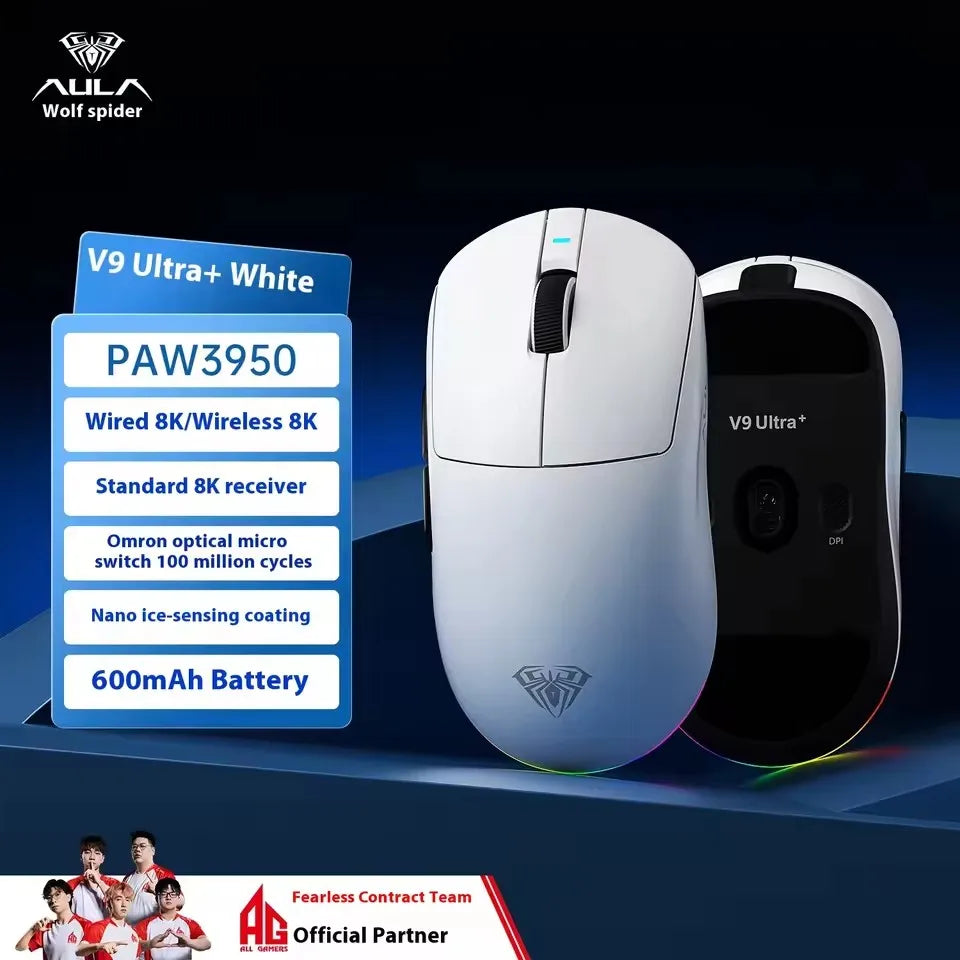 Aula V9 Ultra безжична e-sports гейминг мишка Double 8k 3mode PAW 3950 8k 55g, лека ергономична мишка, персонализиран аксесоар за PC