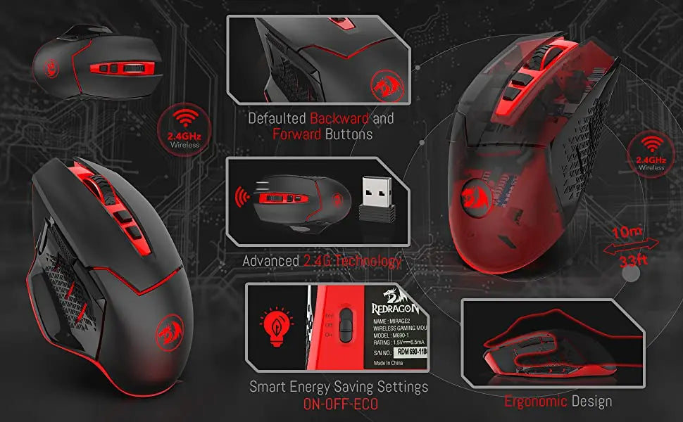 Redragon M690-1 2.4Ghz vezeték nélküli gamer egér DPI-váltással, 2 oldalsó gombbal, 2400 DPI, ergonomikus kialakítás, 8 gomb – fekete egér