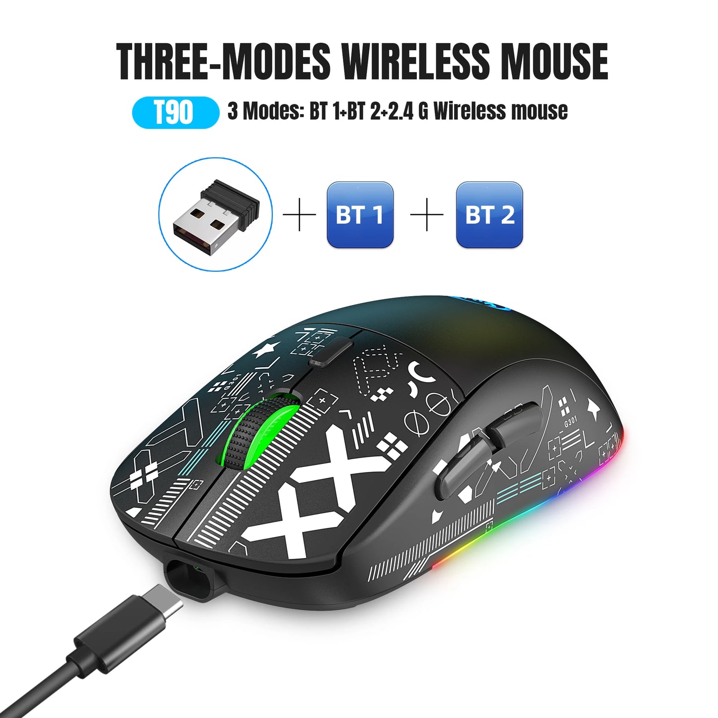 Ratón gaming Bluetooth recargable de 3 modos 2.4G USB inalámbrico con retroiluminación RGB para iPad, tablet, portátil y ordenador