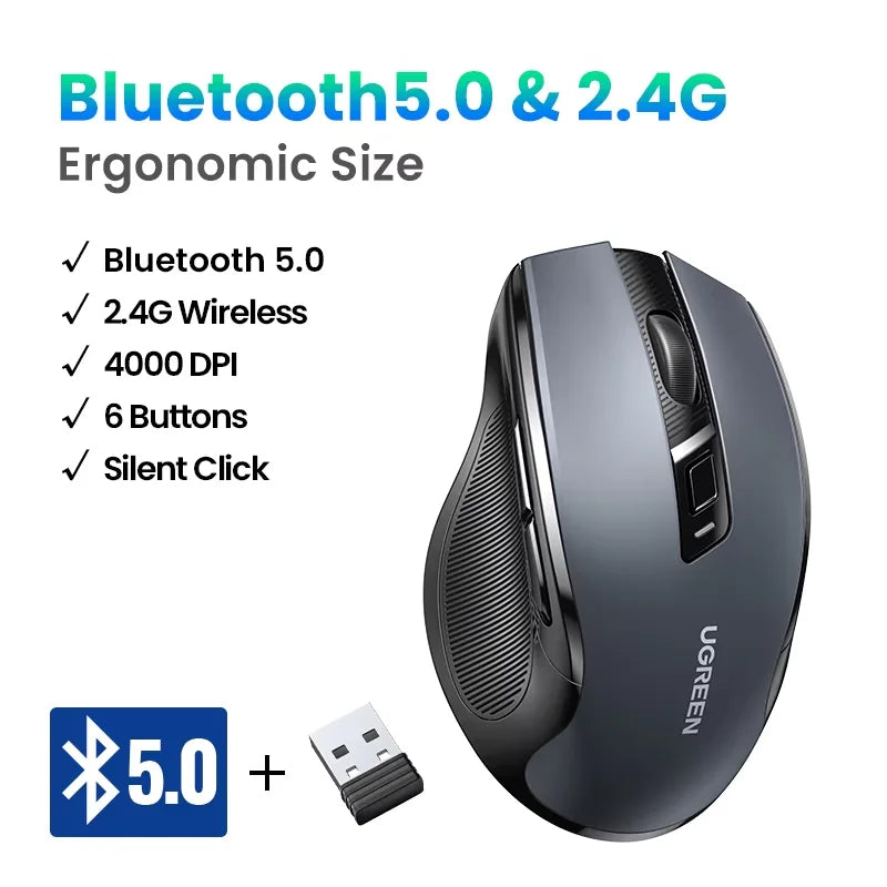 Ratón inalámbrico UGREEN Bluetooth 5.0 ergonómico, 4000DPI, 6 botones silenciosos, para MacBook, tabletas, portátiles, ordenador PC, 2.4G
