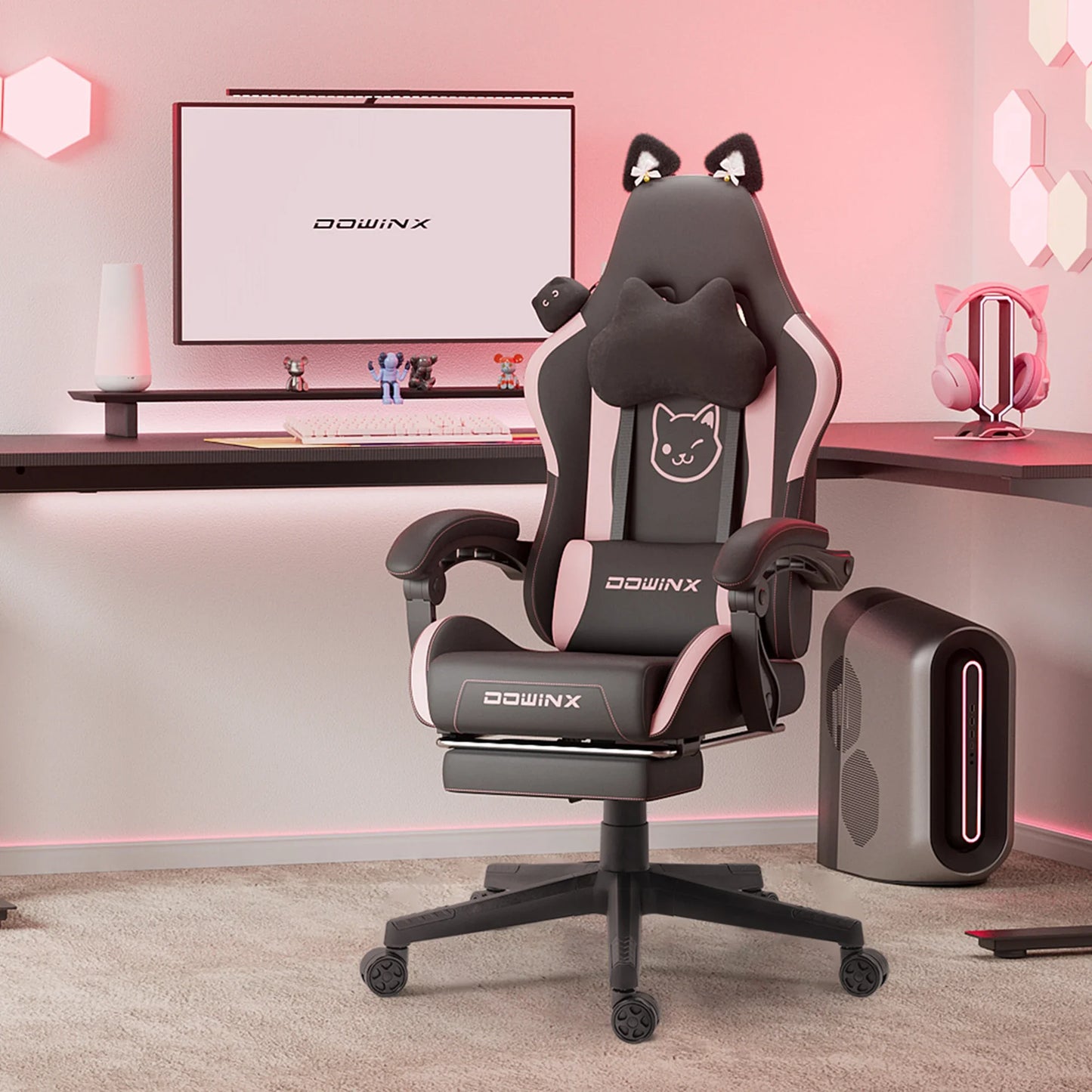 Cadeira Gaming Kawaii Cor-de-Rosa com Orelhas de Gato, Apoio para os Pés, Encosto Alto Ergonómico e Apoio Lombar com Pata de Gato
