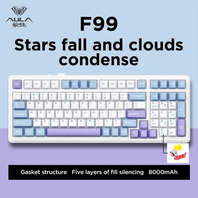 Teclado mecánico gaming Aula F99 de 99 teclas, tres modos: 2.4g inalámbrico, Bluetooth y cableado, hot swap, PBT, gasket y RGB para juegos y escritura