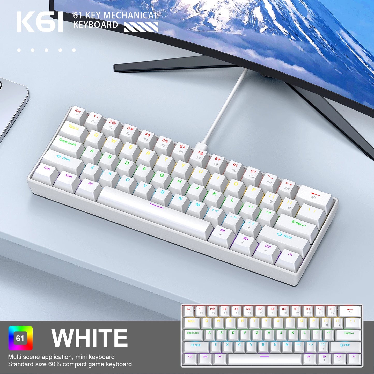 60% Portable Mini Keyboard APAYADO K61 Mechanical Keyboard Wired, 61 Keys RGB Black,White, Red/Blue Switch for Gaming