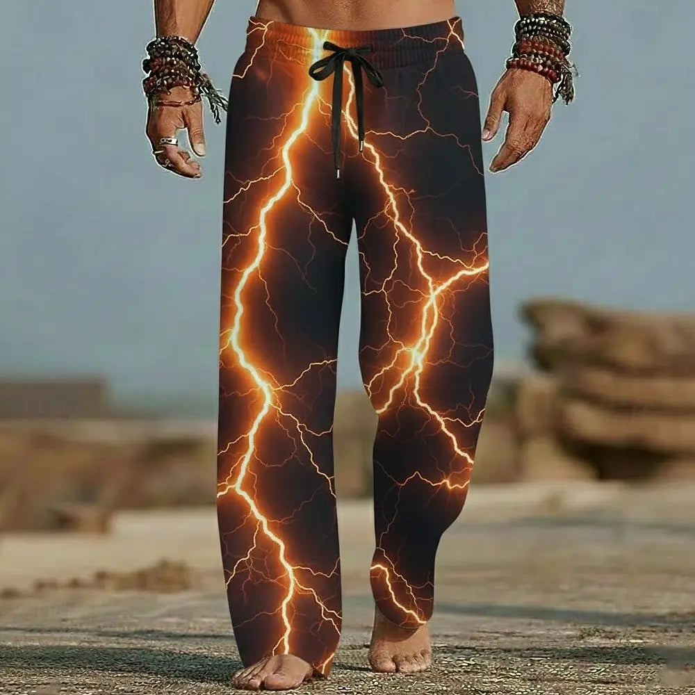 Men's Beach Pants Lightning Pattern 3D Print Wide Leg Elastic Waist Drawstring Casual Summer Vacation Loose Breathable Trousers