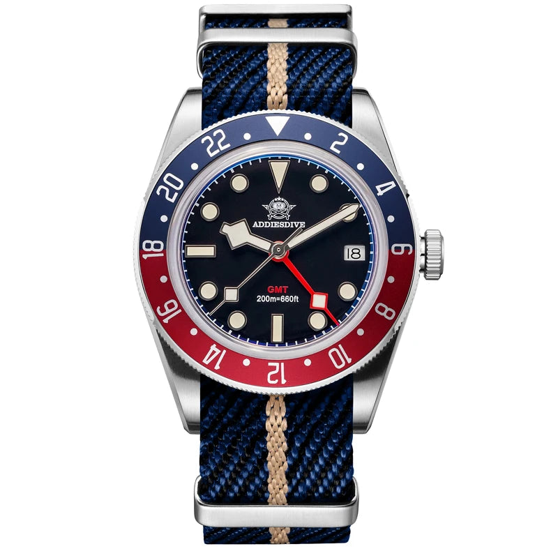 ADDIESDIVE GMT Quartz Watches Bubble Mirror Glass AD2044 Men's Sport Diver Watch 20Bar Waterproof Super Luminous Man WristWatch