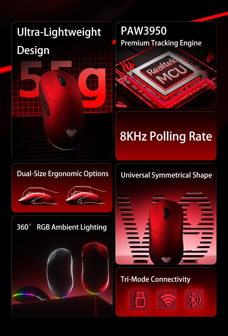 Aula V9 Ultra безжична e-sports гейминг мишка Double 8k 3mode PAW 3950 8k 55g, лека ергономична мишка, персонализиран аксесоар за PC