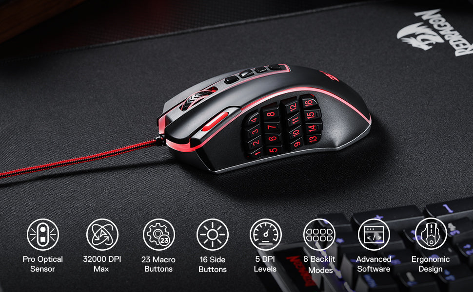 Rato Gaming MMO Redragon M990, 32000 DPI, rato gamer RGB com fios de alta precisão c/23 botões programáveis, 16 teclas macro laterais