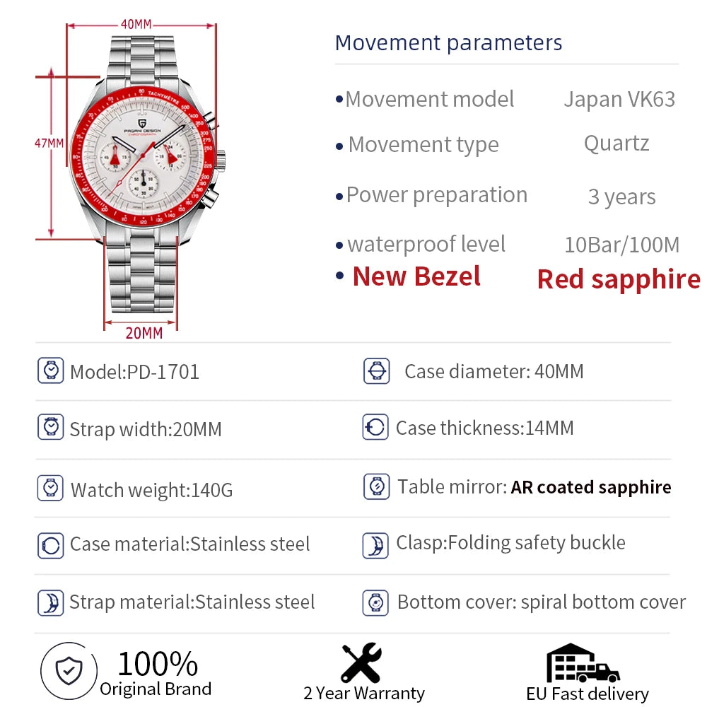 PAGANI DESIGN 2026 Neue rote Luxusuhr für Herren, Quarz-Armbanduhr mit Chronograph, automatischem Datum, wasserdicht, lokaler Versand
