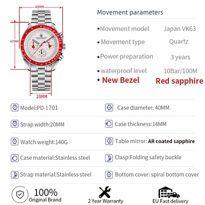 PAGANI DESIGN 2026 Neue rote Luxusuhr für Herren, Quarz-Armbanduhr mit Chronograph, automatischem Datum, wasserdicht, lokaler Versand