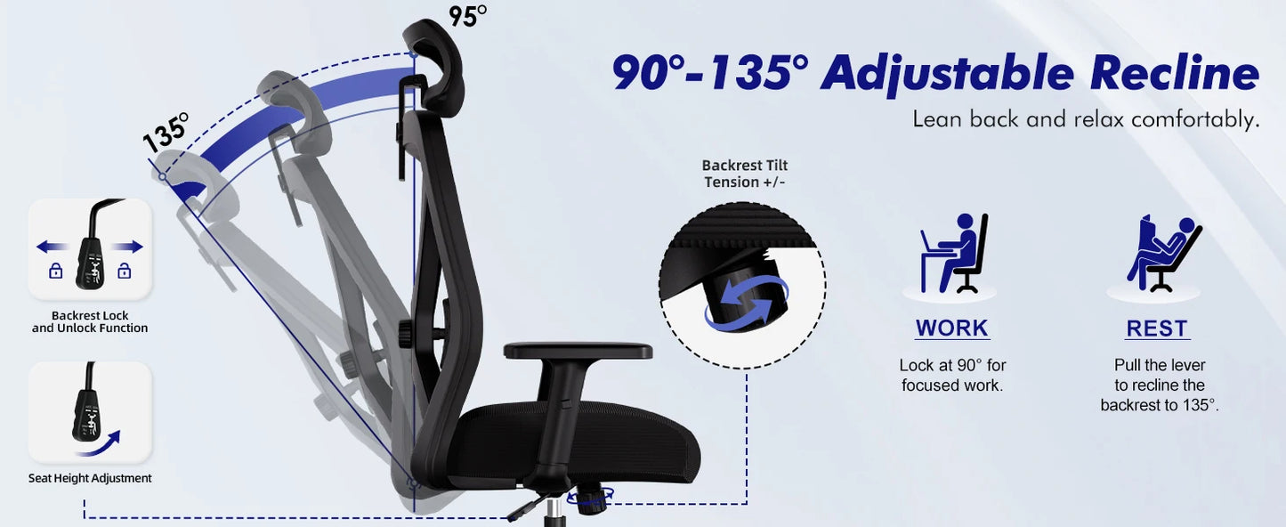 Hiazurm Office Chair Ergonomic, Desk Chair with Lumbar Support 3D, Height-adjustable Office Chairs for Home with Adjustable Headrest and Armrests, Computer Chairs Ideal for Company, Home and Gaming
