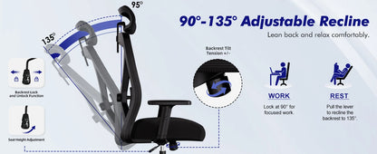 Hiazurm Office Chair Ergonomic, Desk Chair with Lumbar Support 3D, Height-adjustable Office Chairs for Home with Adjustable Headrest and Armrests, Computer Chairs Ideal for Company, Home and Gaming