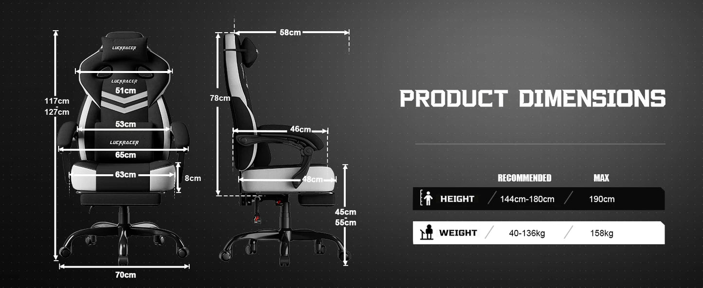 LUCK RACER Gaming chair, Connected Armrests Office Chair, Memory Foam Cushion, 90-155 ° Incline Angle and Footrest