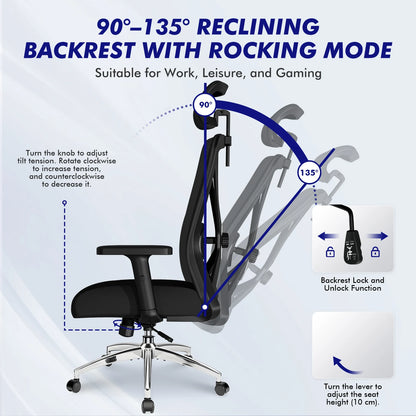 Hiazurm Office Chair Ergonomic, Desk Chair with Lumbar Support 3D, Height-adjustable Office Chairs for Home with Adjustable Headrest and Armrests, Computer Chairs Ideal for Company, Home and Gaming