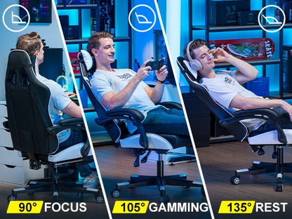 Cadeira gaming GTPLAYER Cadeira gamer Cadeira de escritório ergonómica Apoio para os pés ajustável Apoio lombar e almofadas Cadeira gaming