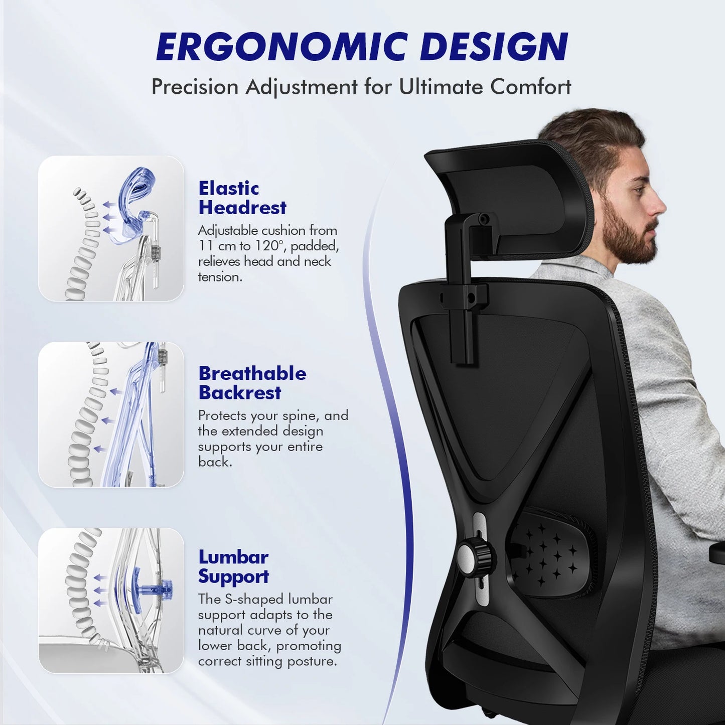 Hiazurm Office Chair Ergonomic, Desk Chair with Lumbar Support 3D, Height-adjustable Office Chairs for Home with Adjustable Headrest and Armrests, Computer Chairs Ideal for Company, Home and Gaming