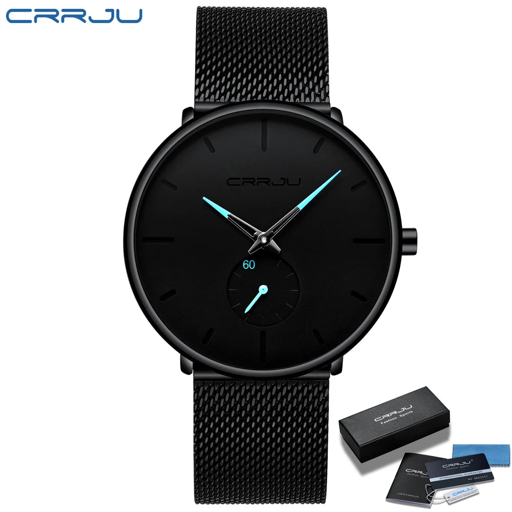Montre pour homme CRRJU – Montre à quartz de luxe, style décontracté, fine, avec bracelet en maille d'acier, étanche et sportive.