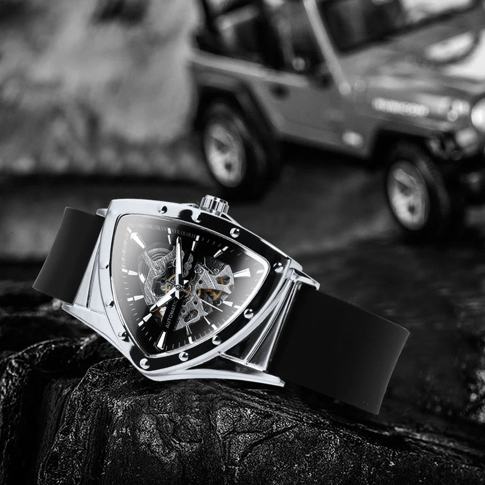 Montre automatique pour homme WINNER, design squelette triangulaire, aiguilles luminescentes, bracelet en caoutchouc, style militaire, montre mécanique de luxe