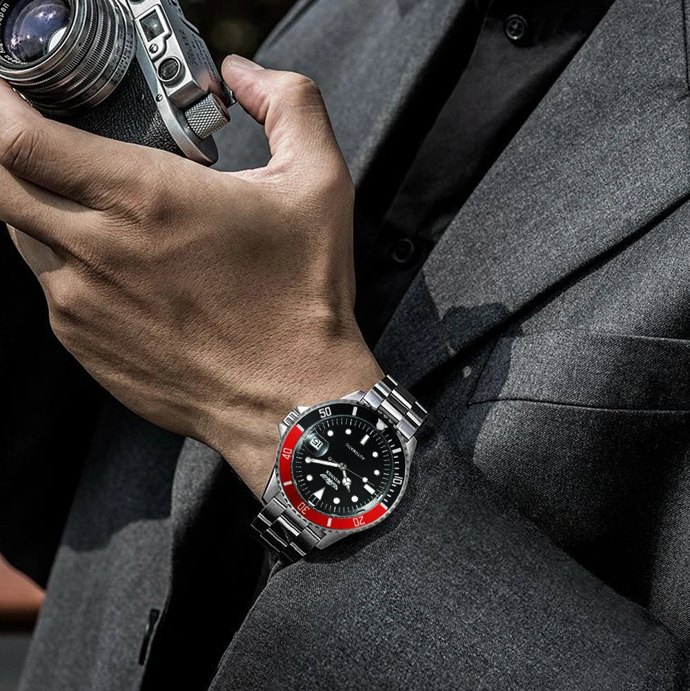 Relógio mecânico clássico para homem – Marca de luxo, estilo profissional, movimento automático, luneta rotativa, mostrador luminescente, bracelete em aço