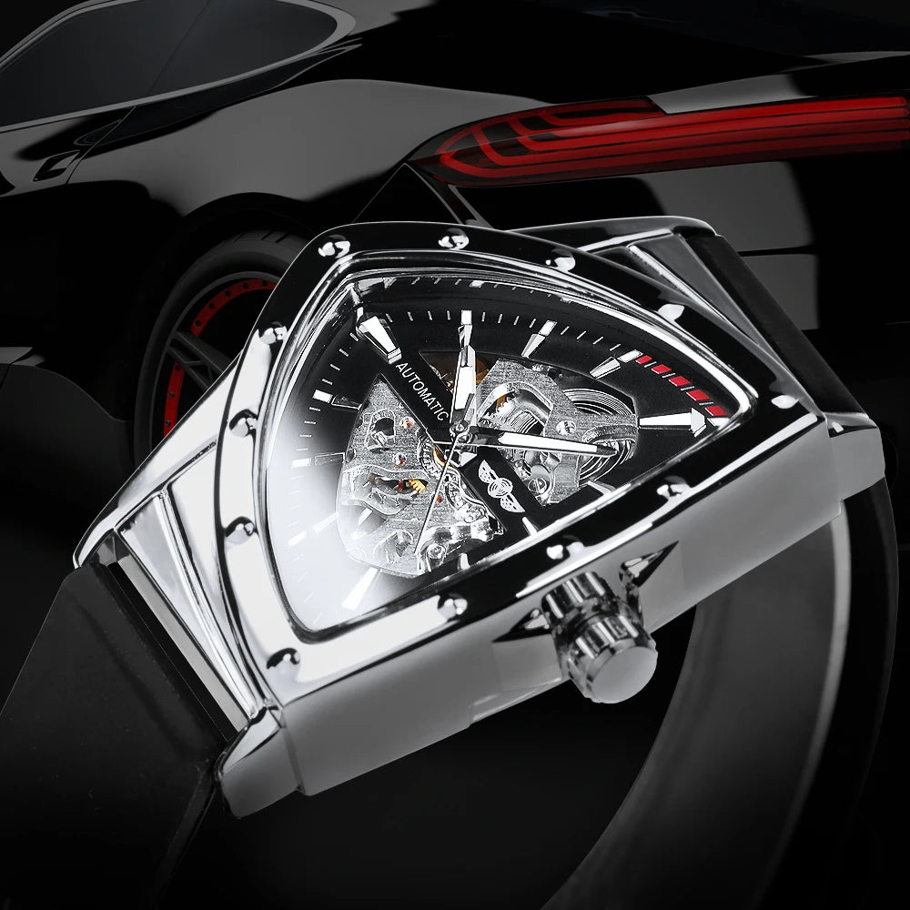Montre automatique pour homme WINNER, design squelette triangulaire, aiguilles luminescentes, bracelet en caoutchouc, style militaire, montre mécanique de luxe