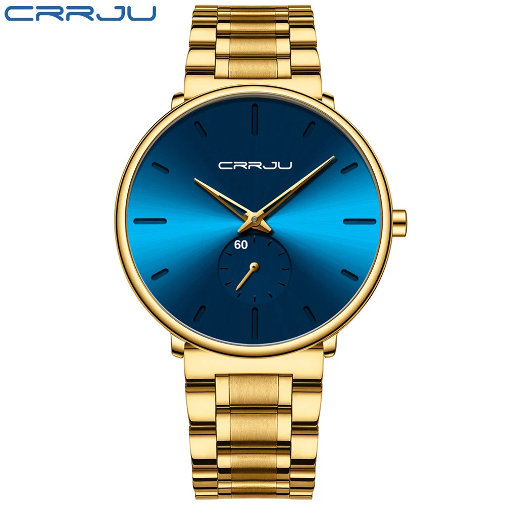 Montre pour homme CRRJU – Montre-bracelet en acier inoxydable, style décontracté et luxueux, étanche, montre de sport à quartz pour homme