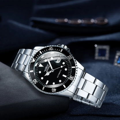 Relógio mecânico clássico para homem – Marca de luxo, estilo profissional, movimento automático, luneta rotativa, mostrador luminescente, bracelete em aço