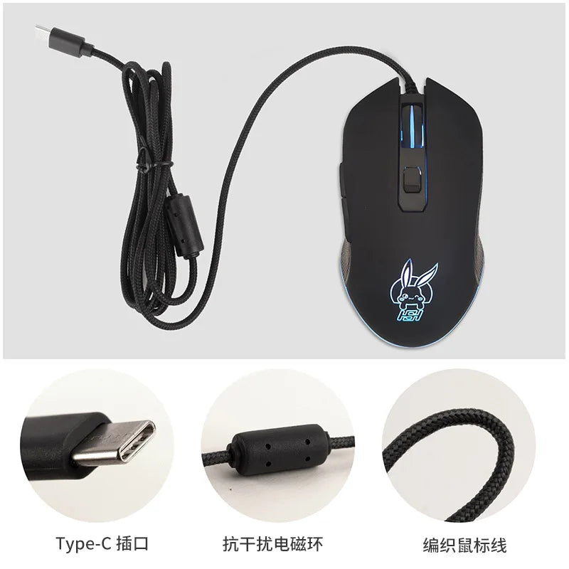 Цветна светеща мишка с USB-C и бутон за заглушаване за лаптоп с Type-C, геймърска мишка