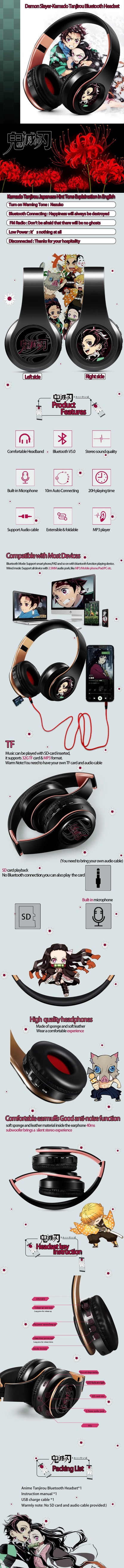 Demon Slayer Kamado Tanjirou Anime Bluetooth Headphones – Wireless Gaming Headset with Mic, TF Card Support, Deep Bass Anime Earphones V5.0
