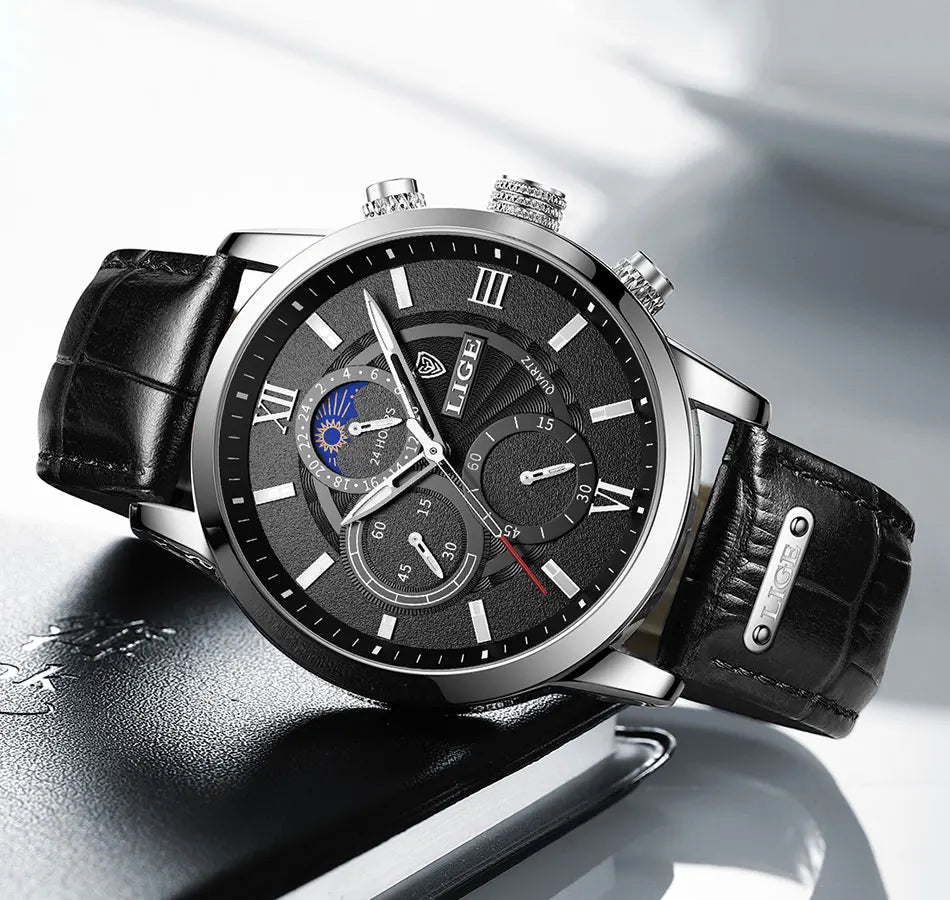 2025 New Men's Watches LIGE Top Brand Luxury Leather Casual Quartz Watch Men's Sport Waterproof Clock Watch Relogio Masculino+Box