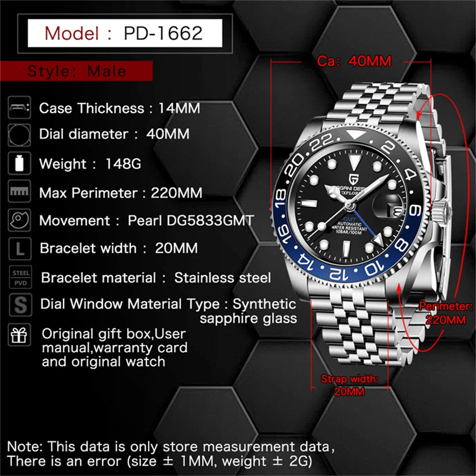 PAGANI DESIGN Men's Automatic Watches Sapphire Glass 40mm Ceramic GMT Mechanical Wristwatch Top Brand Sports Waterproof Men's Watch