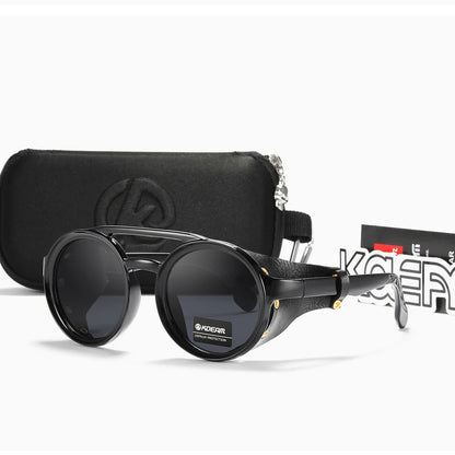KDEAM Vintage runde solbriller til mænd og kvinder i læder med skjoldformet design og dobbelt bro KD179