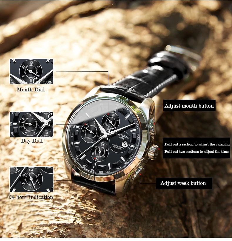 relogio masculino New Carnival Automatic Watches Men Business Mechanical Clock Leather Strap Waterproof Luxuey Brand Clock