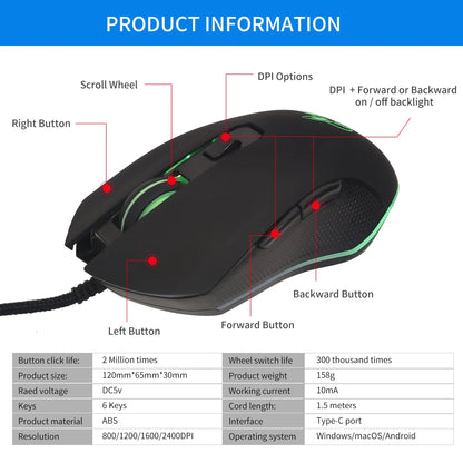 Цветна светеща мишка с USB-C и бутон за заглушаване за лаптоп с Type-C, геймърска мишка