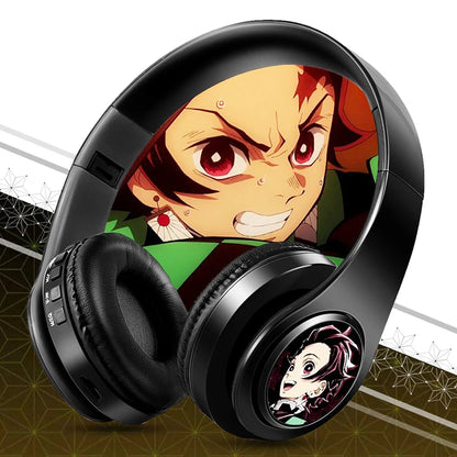 Demon Slayer Kamado Tanjirou Anime Bluetooth Headphones – Wireless Gaming Headset with Mic, TF Card Support, Deep Bass Anime Earphones V5.0
