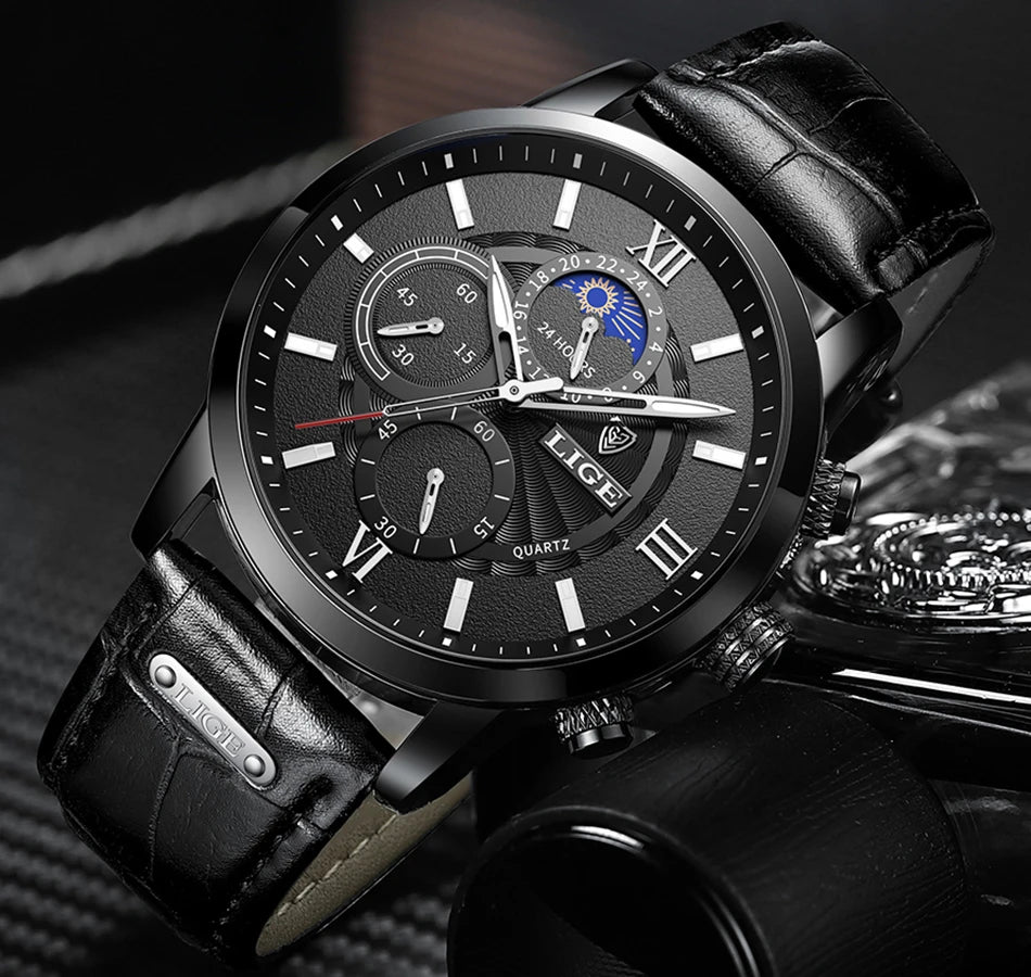 2025 New Men's Watches LIGE Top Brand Luxury Leather Casual Quartz Watch Men's Sport Waterproof Clock Watch Relogio Masculino+Box