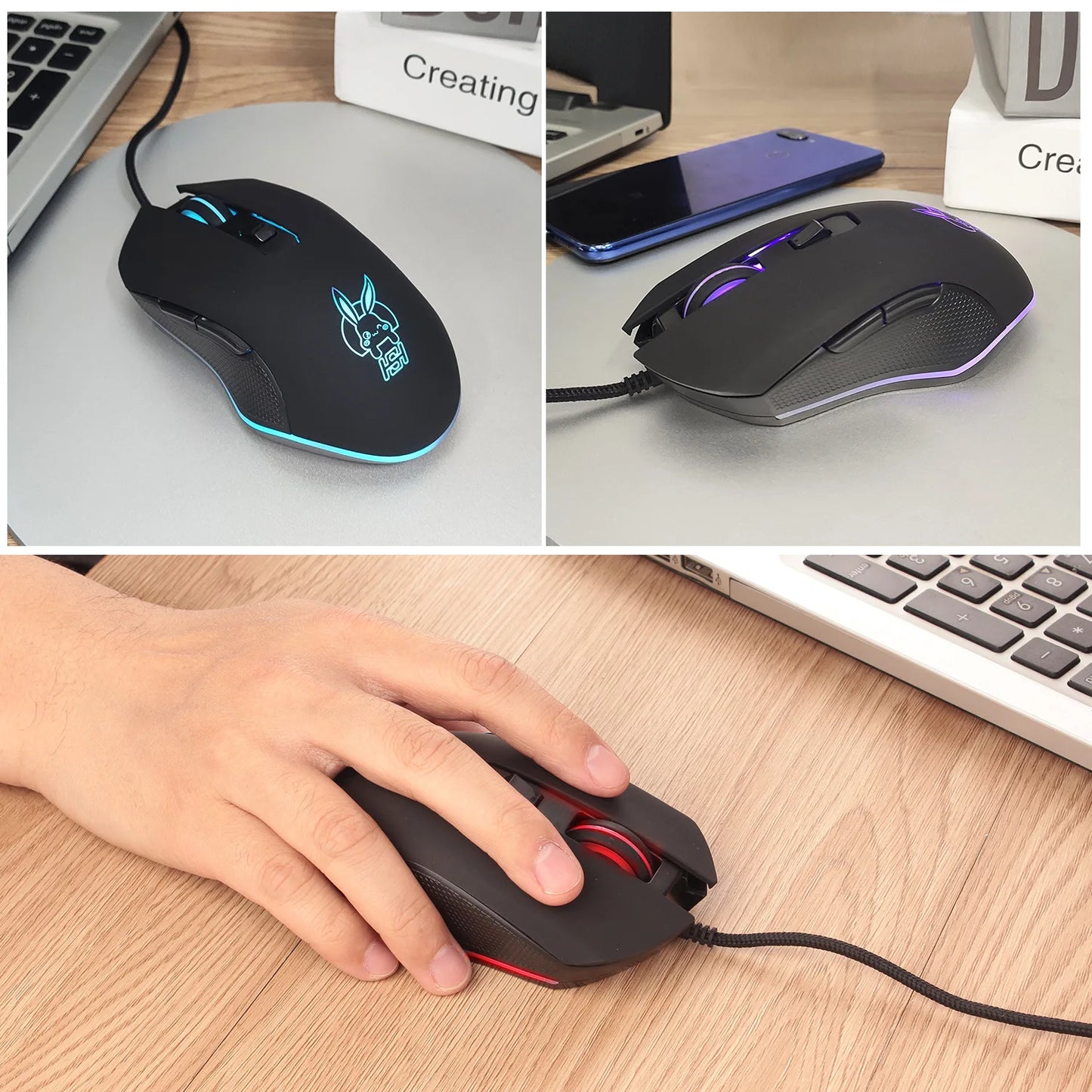 Цветна светеща мишка с USB-C и бутон за заглушаване за лаптоп с Type-C, геймърска мишка
