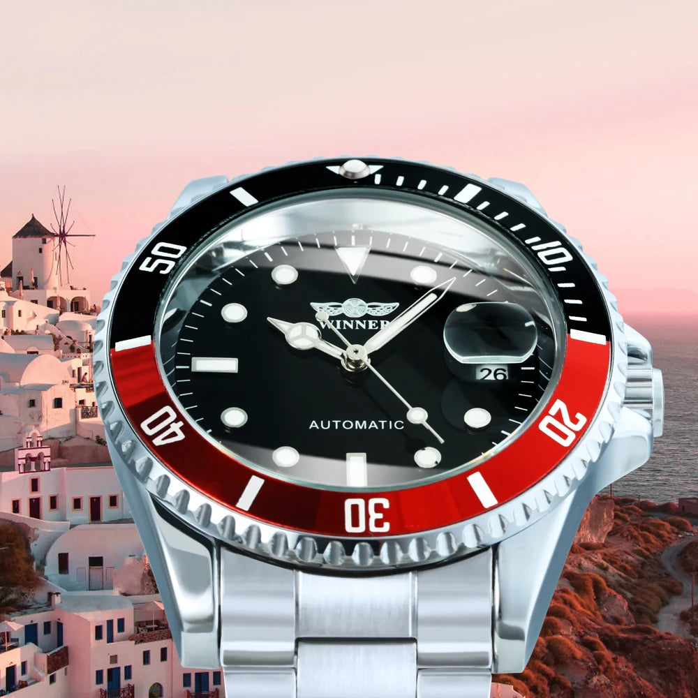 Relógio mecânico clássico para homem – Marca de luxo, estilo profissional, movimento automático, luneta rotativa, mostrador luminescente, bracelete em aço