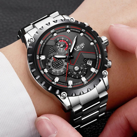 LIGE Men’s Watch – Trendy quartz watch, luxury brand, all-steel, professional style, water-resistant and sporty – Supplied with box