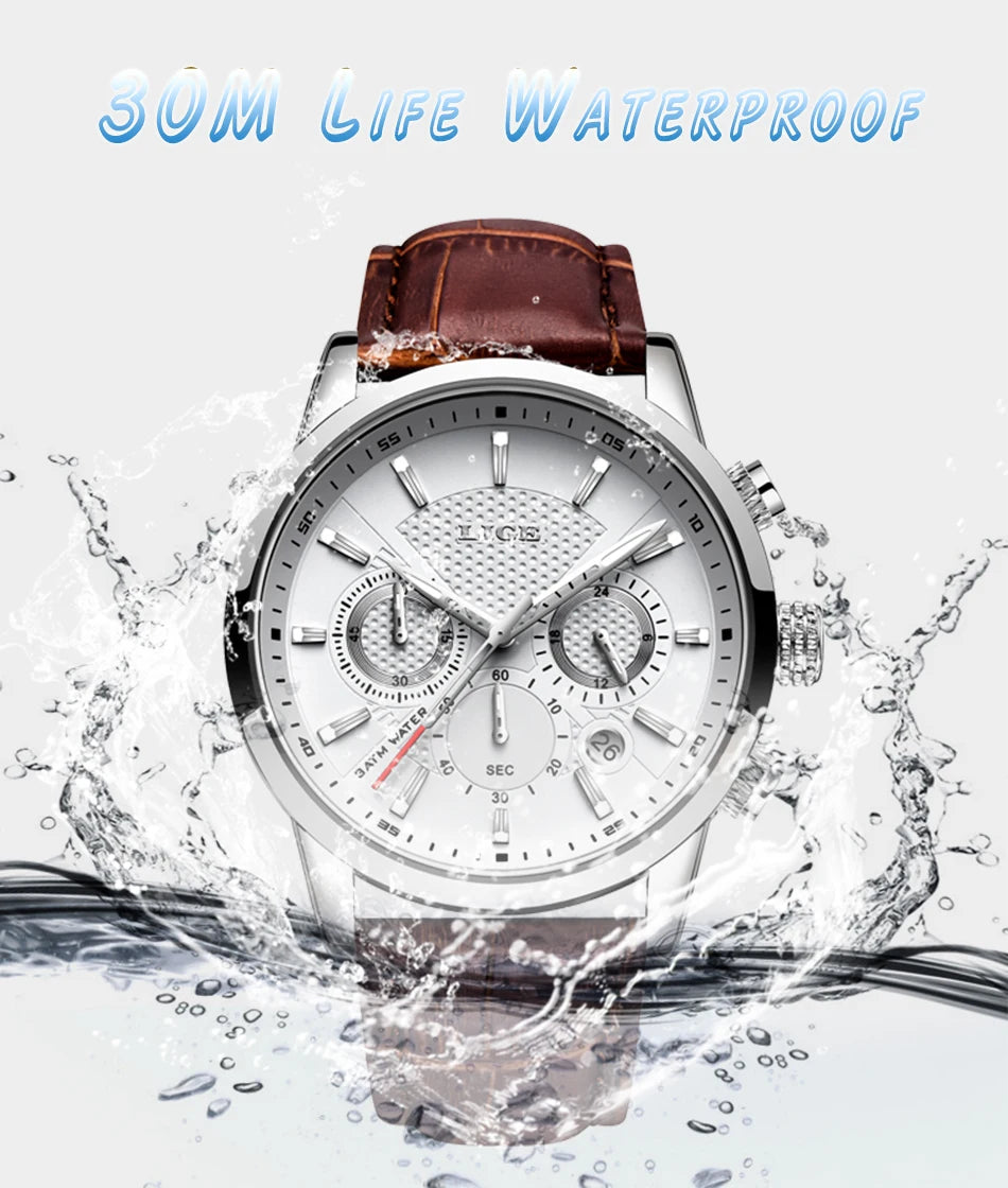 2025 New Men's Watches LIGE Top Brand Luxury Leather Casual Quartz Watch Men's Sport Waterproof Clock Watch Relogio Masculino+Box