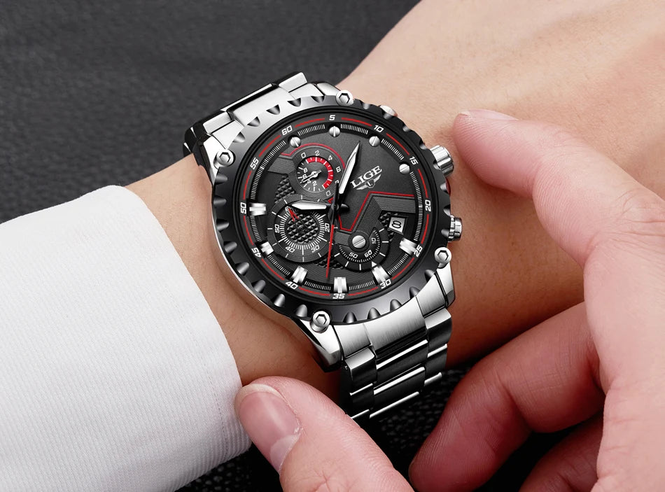Relógio de homem LIGE – Relógio de quartzo moderno, marca de luxo, totalmente em aço, estilo profissional, resistente à água e desportivo – Entregue com caixa