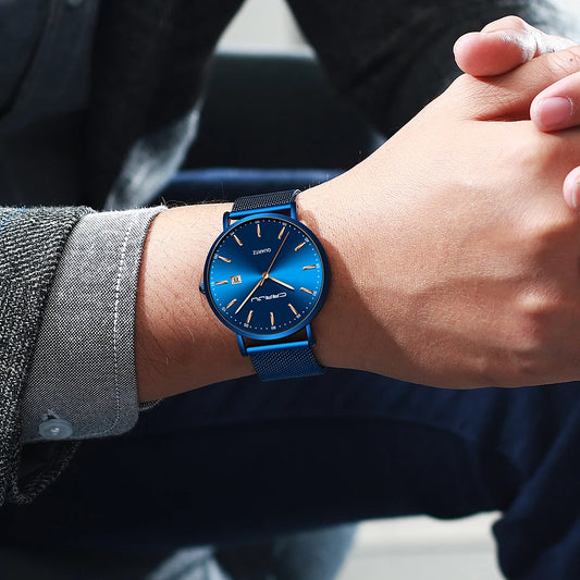 CRRJU men’s quartz watch – Luxury model, water-resistant, blue dial, slim and elegant design, with date display, metal mesh strap, sporty and casual style
