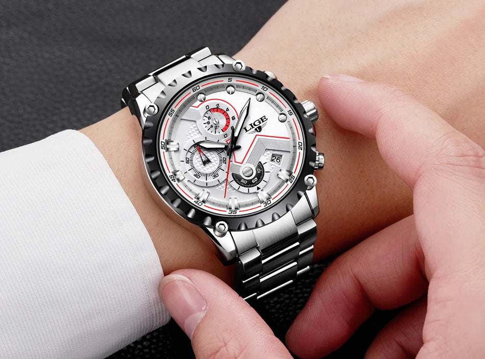 Relógio de homem LIGE – Relógio de quartzo moderno, marca de luxo, totalmente em aço, estilo profissional, resistente à água e desportivo – Entregue com caixa