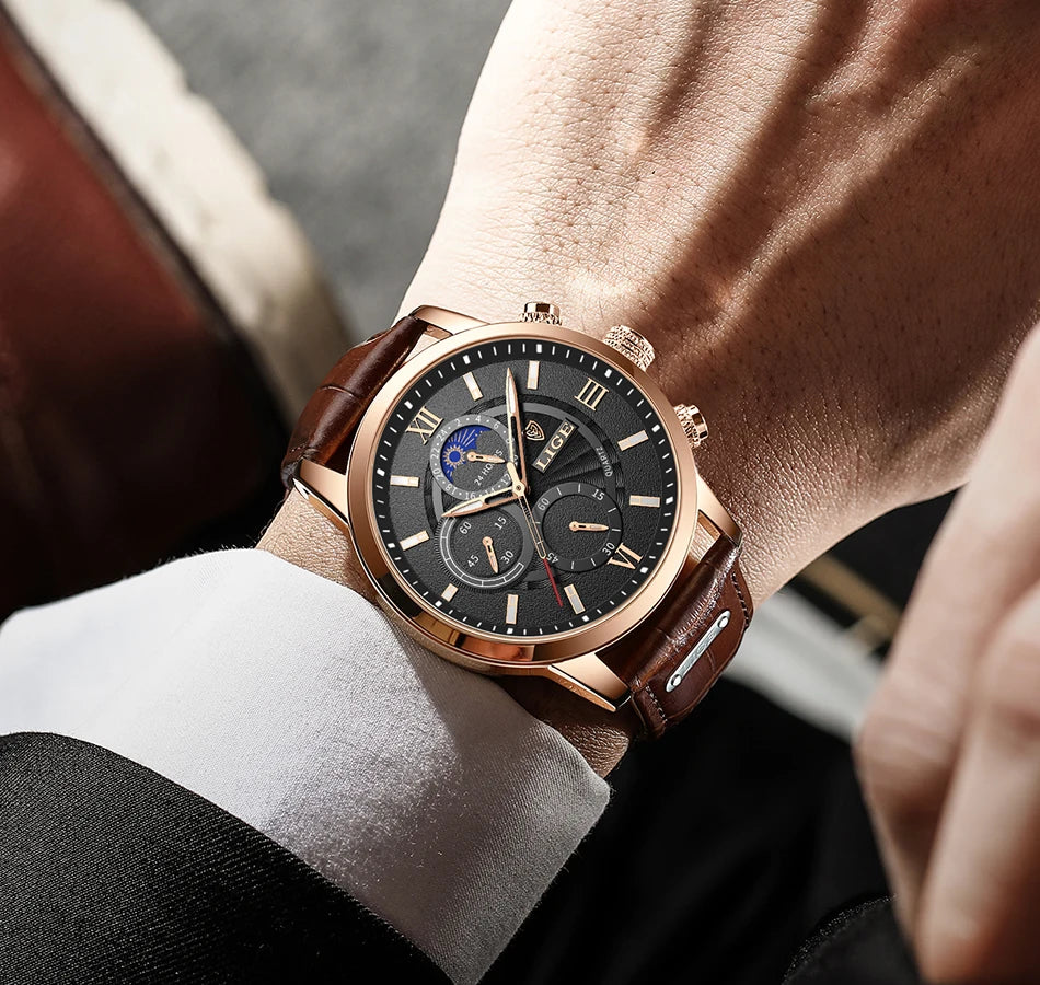 2025 New Men's Watches LIGE Top Brand Luxury Leather Casual Quartz Watch Men's Sport Waterproof Clock Watch Relogio Masculino+Box