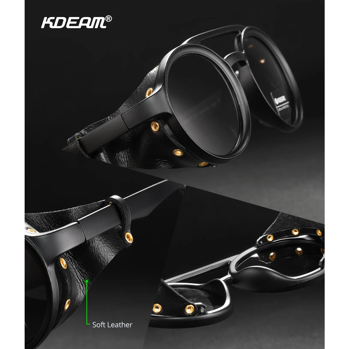 KDEAM Vintage runde solbriller til mænd og kvinder i læder med skjoldformet design og dobbelt bro KD179