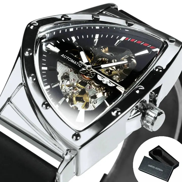 Montre automatique pour homme WINNER, design squelette triangulaire, aiguilles luminescentes, bracelet en caoutchouc, style militaire, montre mécanique de luxe