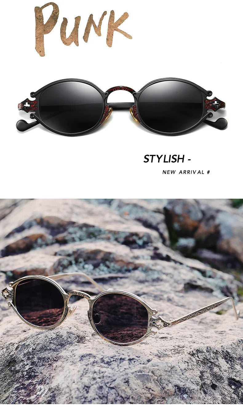 Cateye Street Shoot solbriller til mænd og kvinder, retro, steampunk, gotiske, ovale solbriller med udskåret metalstel, Gafas sol mujer