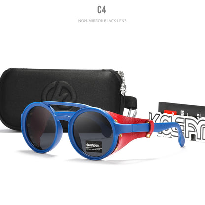 KDEAM Vintage runde solbriller til mænd og kvinder i læder med skjoldformet design og dobbelt bro KD179