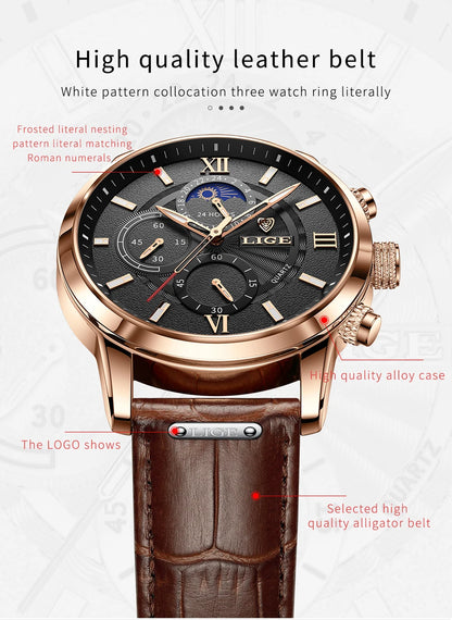 2025 New Men's Watches LIGE Top Brand Luxury Leather Casual Quartz Watch Men's Sport Waterproof Clock Watch Relogio Masculino+Box